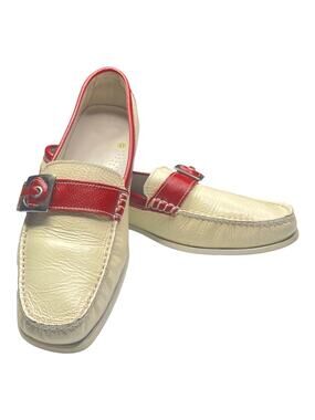 Vintage Pratesi Italy Loafers EU 41 Leather Colorblock Cream Red Buckle 80s 90s
